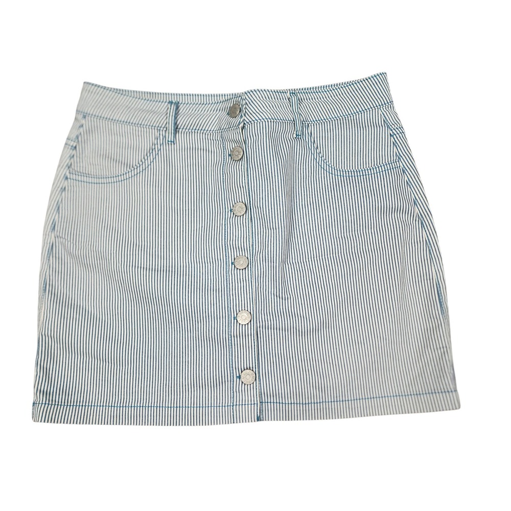 Milk Blues Teal‎ & White Striped Denim Mini Skirt Button Front Pockets Medium